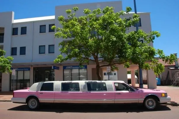 A pink stretch limousine parked on a suburban street