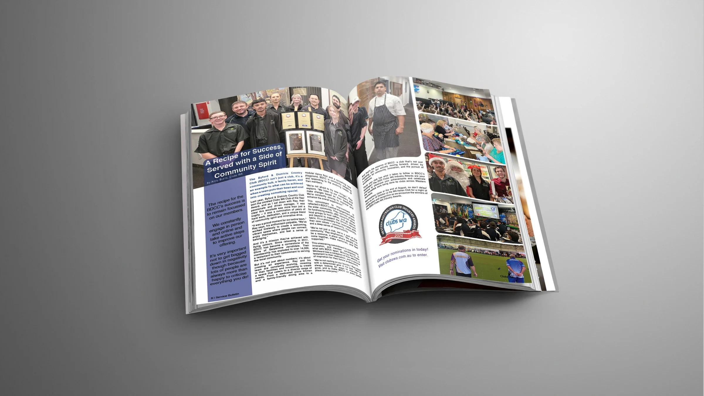 A Service Bulletin feature spread on Byford and Districts Country Club, written and designed for Clubs WA.